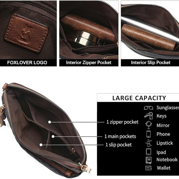 Brand New Crossbody Bag 8.8in Black Brown Zipper - Picture 3 of 6